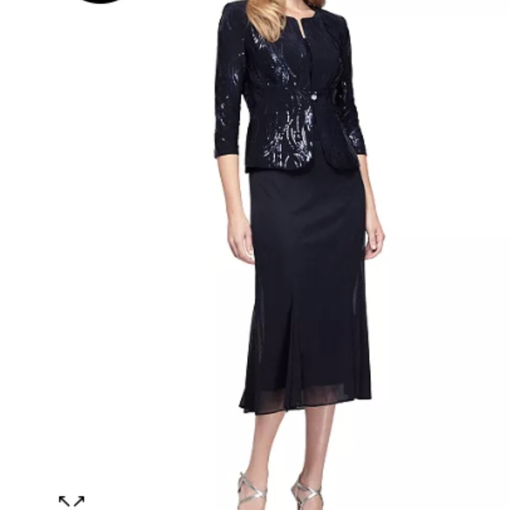 NWT ALEX EVENINGS Navy Blue Sequined A-ine Midi Petite Dress & Jacket - Size 12P